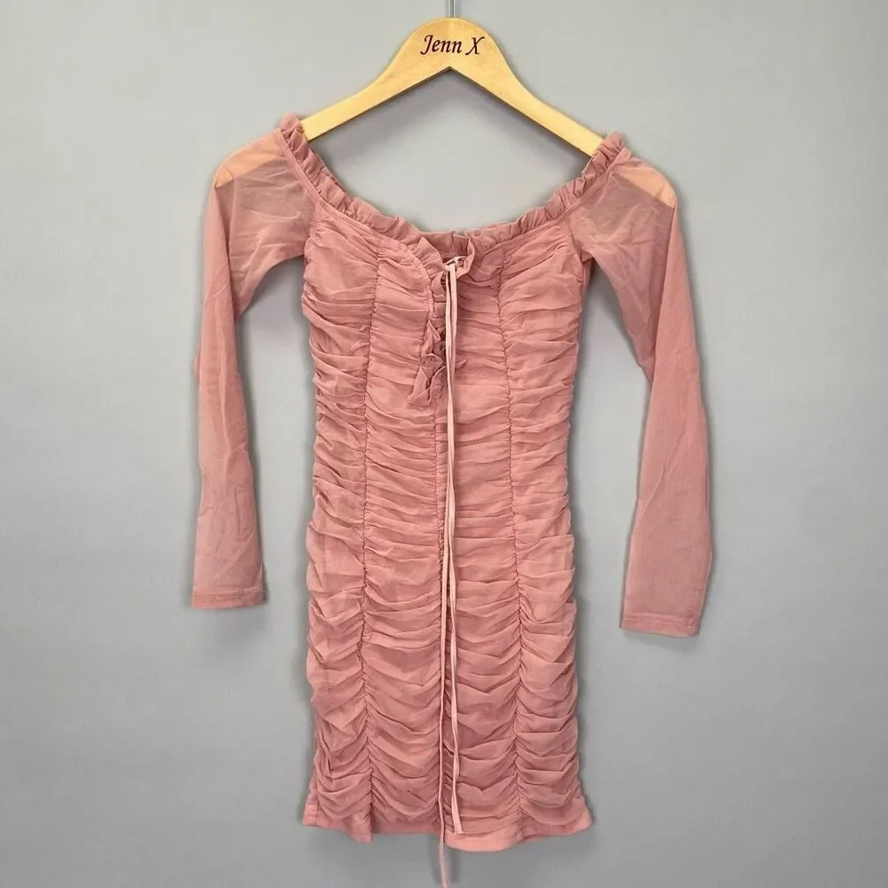 Fashion Nova Pink Off Shoulder Ruched Mini Dress Size S Mesh Corset Ruffle